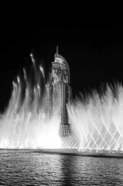 a black and white photo of a water fountain, by Erik Pevernagie, gta : dubai, 8 0. lv, grand finale, music