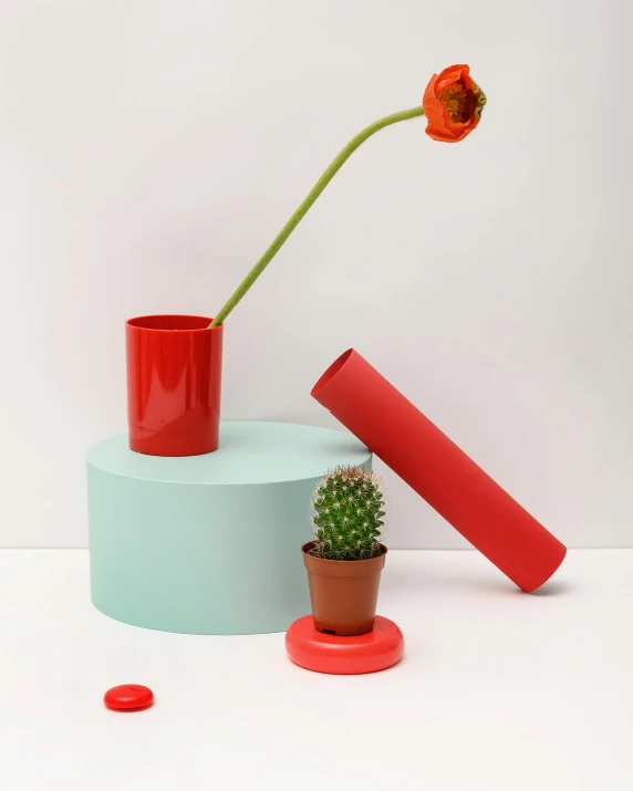 a red vase sitting on top of a table next to a cactus, inspired by Hendrik Gerritsz Pot, new objectivity, posable pvc, vermillion and cyan, on grey background, poppy