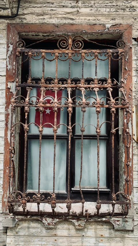 a red fire hydrant sitting in front of a window, arabesque, iron gate, istanbul, abandoned photograph, brown