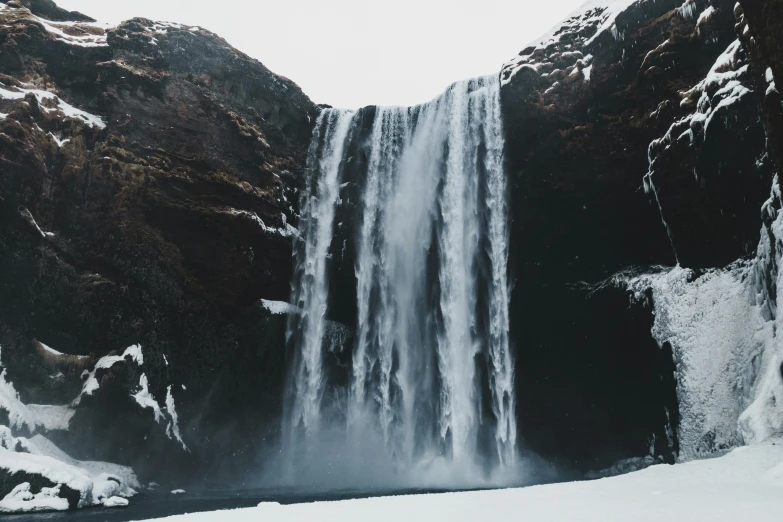 a person standing in front of a waterfall, pexels contest winner, hurufiyya, frozen waterfall, thumbnail, background image, 4 k hd wallpapear