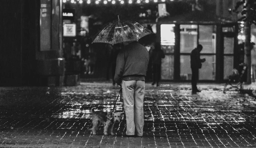 a black and white photo of a man with an umbrella and a dog, unsplash, night life, seattle, small dog, ffffound