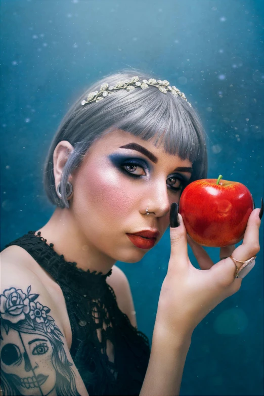 a woman holding an apple in front of her face, an album cover, inspired by Hedi Xandt, pexels contest winner, pop surrealism, melanie martinez, in style of anne stokes, discord profile picture, bubble goth makeup