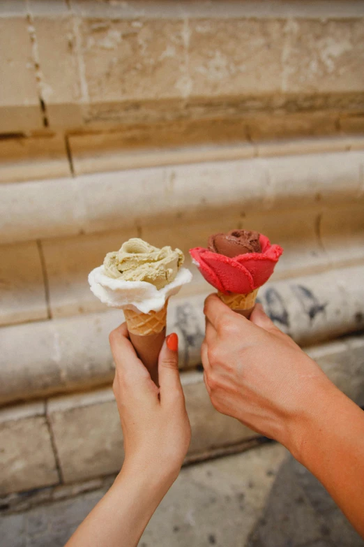 a person holding two ice cream cones in their hands, unsplash, renaissance, large individual rose petals, olive green and venetian red, in paris, made of glazed