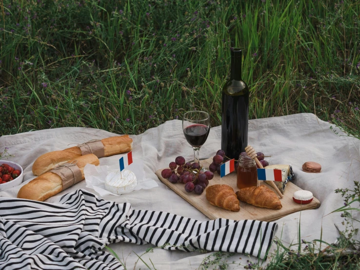 a bottle of wine sitting on top of a blanket, pexels contest winner, baking french baguette, picnic, striped, french provincial furniture