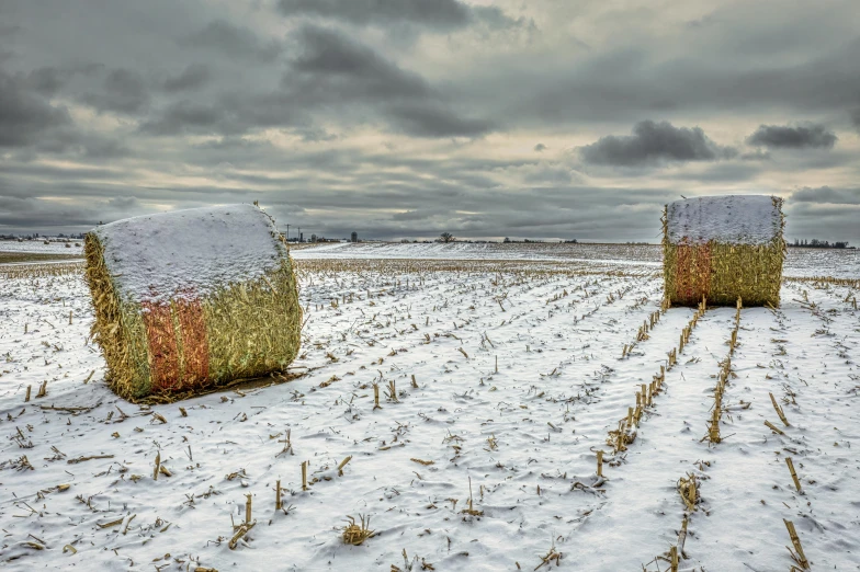 a couple of hay bales sitting on top of a snow covered field, by Peter Churcher, unsplash contest winner, during a hail storm, hyper - detailed color photo, stubble, draped in shiny gold and silver