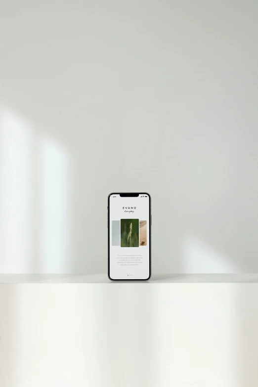 a cell phone sitting on top of a white shelf, dwell, award winning webdesign, with backdrop of natural light, minimal palette