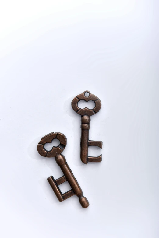 two antique keys on a white background, unsplash, conceptual art, hand carved brown resin, laser cut, 28mm, 3d asset