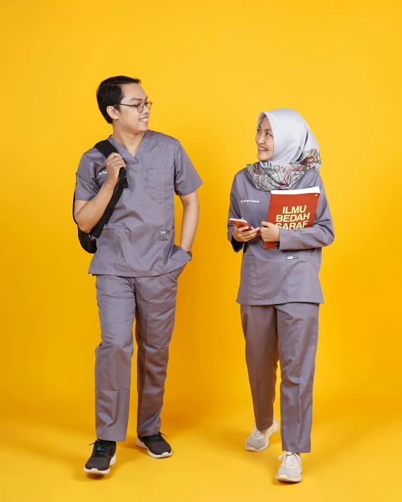 a couple of people standing next to each other, by Basuki Abdullah, nurse uniform, gray canvas, student, thumbnail