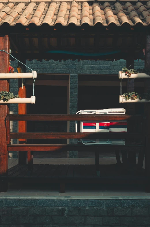 a pickup truck parked in front of a building, by Elsa Bleda, unsplash, renaissance, boat dock, traditional korean interior, hydroponic farms, hanging upside down