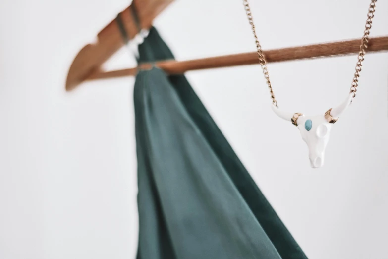 a cow skull hangs on a clothes rack, unsplash, magic realism, floating. greenish blue, small necklace, detail shot, miniature product photo