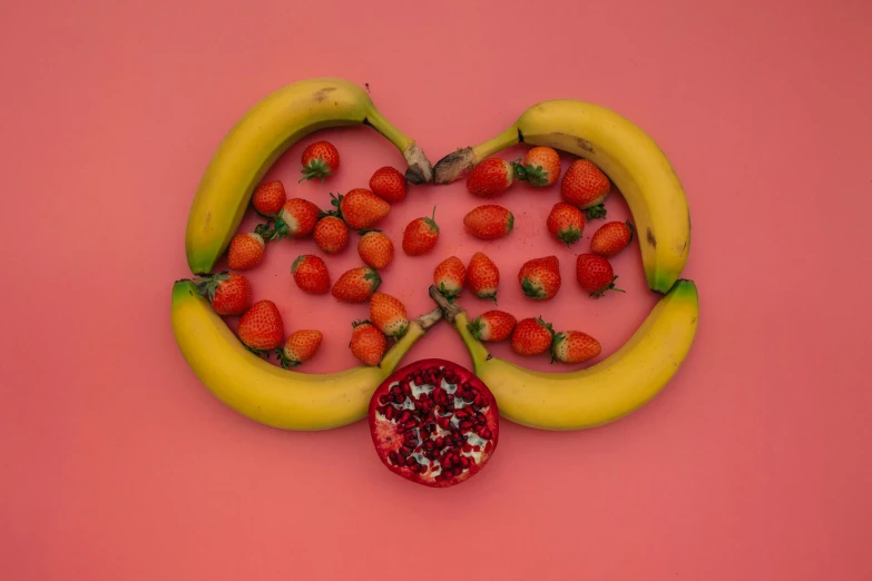bananas, strawberries, and pomegranate arranged in the shape of a heart, by Anna Findlay, pexels contest winner, contracept, with infinity, adult pair of twins, minimalist composition