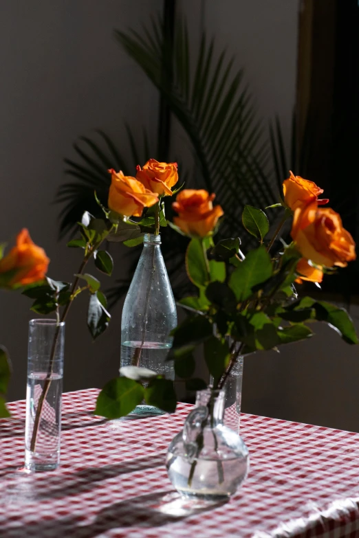 a table topped with vases filled with flowers, a still life, unsplash, romanticism, photo of a rose, amber, angled shot, low detail