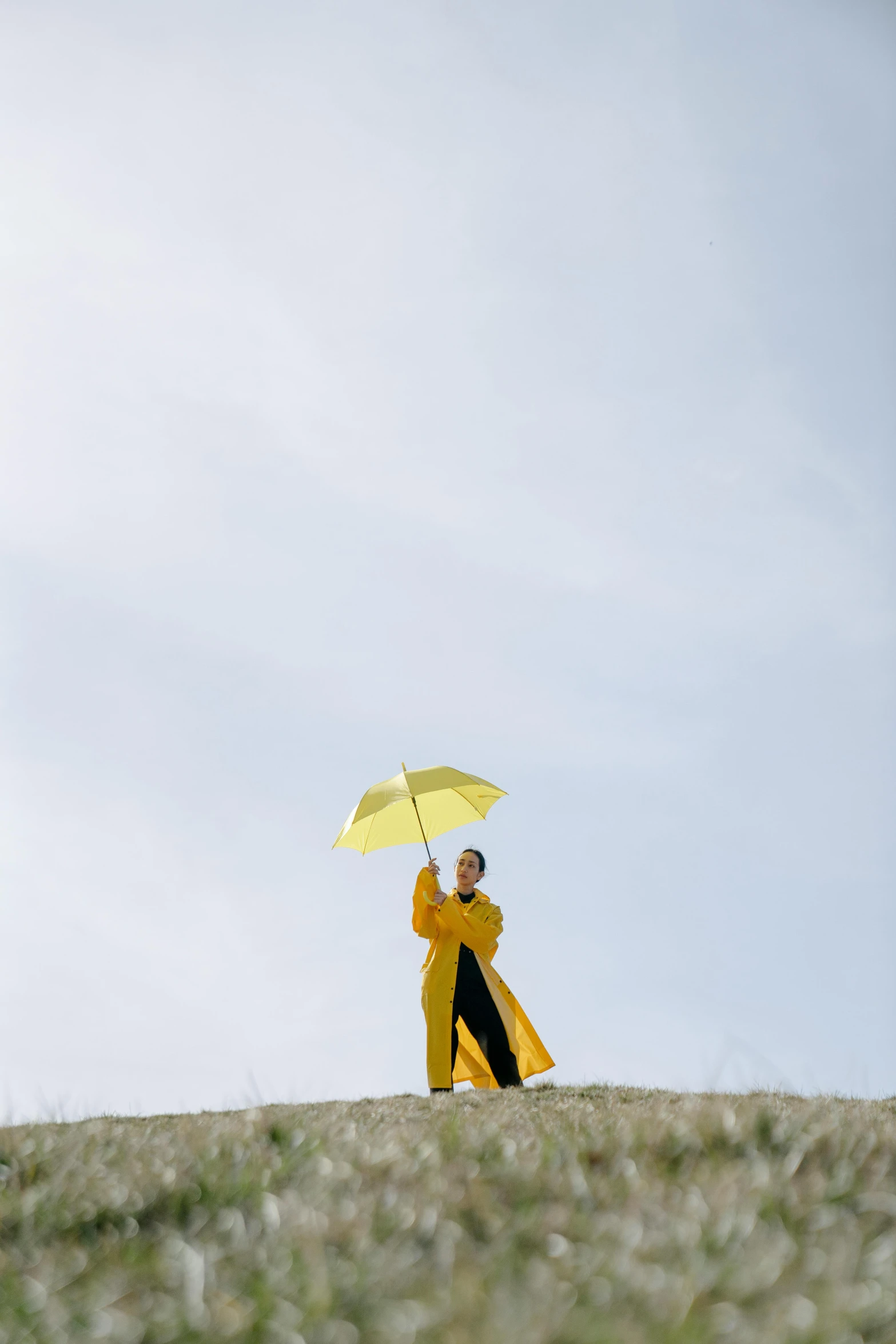 a man in a yellow raincoat holding a yellow umbrella, inspired by Scarlett Hooft Graafland, unsplash, standing on a hill, chinese woman, avatar image