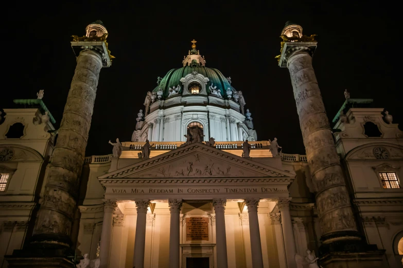 a building with columns and a dome lit up at night, a photo, pexels contest winner, baroque, vienna secesion style, thumbnail, square, cathedrals and abbeys