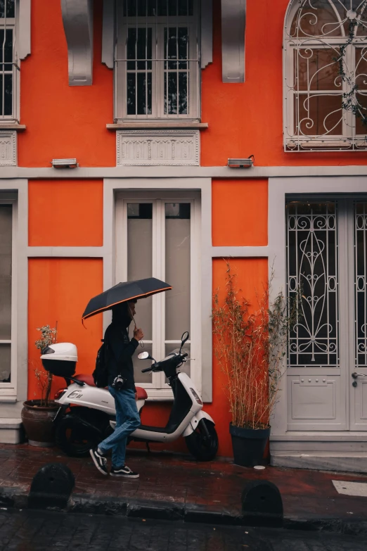 a person riding a scooter with an umbrella, inspired by Jean Tabaud, unsplash contest winner, standing outside a house, orange grey white, paris hotel style, bold colored walls