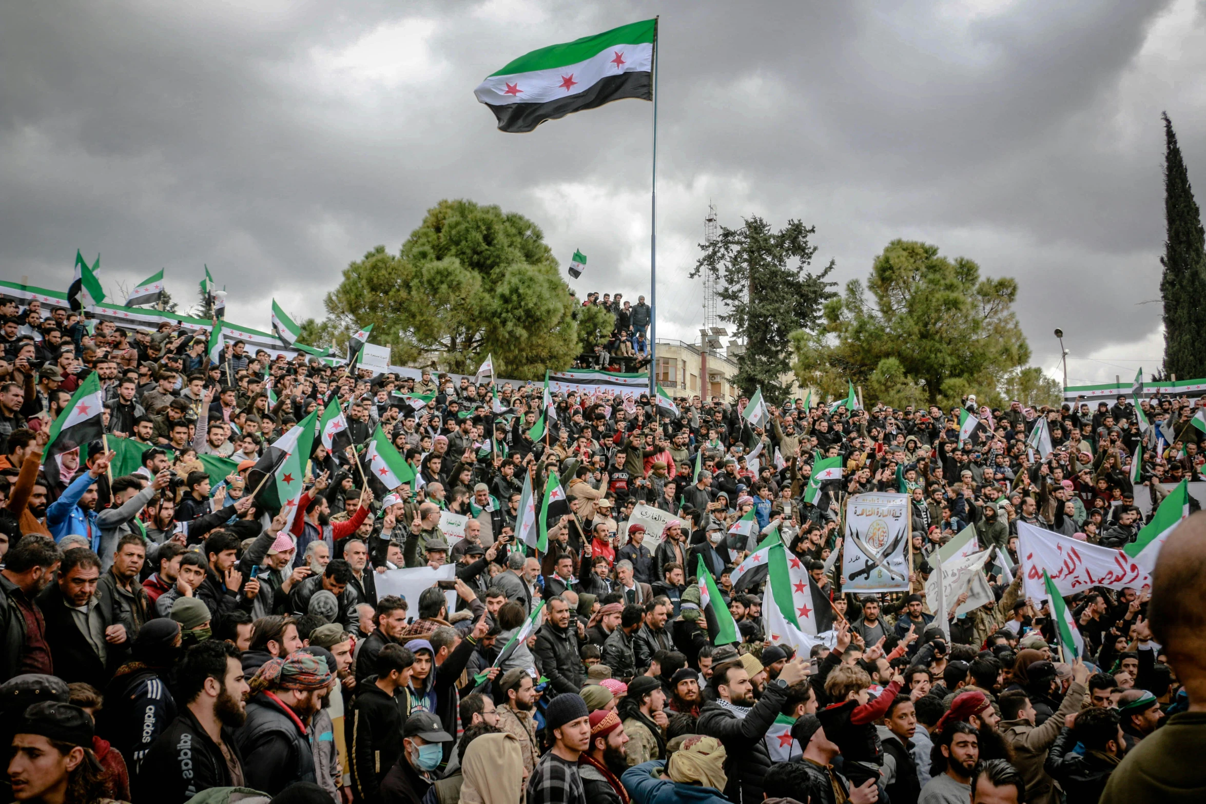 a large crowd of people holding flags and banners, hurufiyya, 🔞🤡, square, high quality photo, yan morala