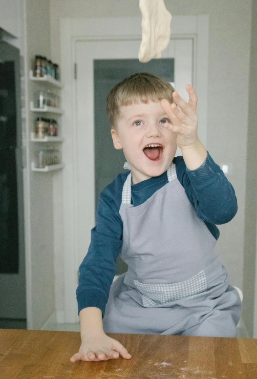 a little boy that is sitting at a table, inspired by Gordon Browne, happening, wearing an apron, waving, grey, instagram picture
