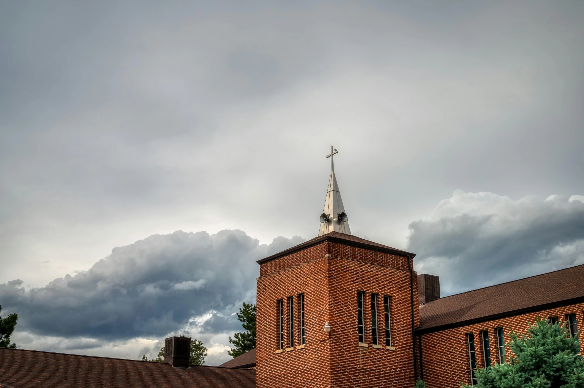 a church with a steeple on a cloudy day, a portrait, unsplash, northwest school, after the storm, fan favorite, tosa school, brown