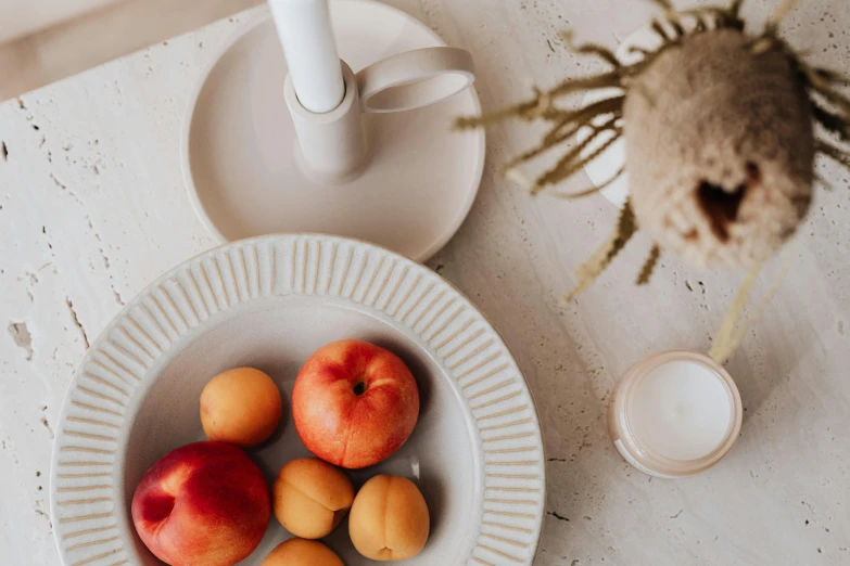 a plate of peaches and apricots on a table, inspired by Giorgio Morandi, trending on pexels, light and space, organic ceramic white, on a candle holder, grey, round-cropped