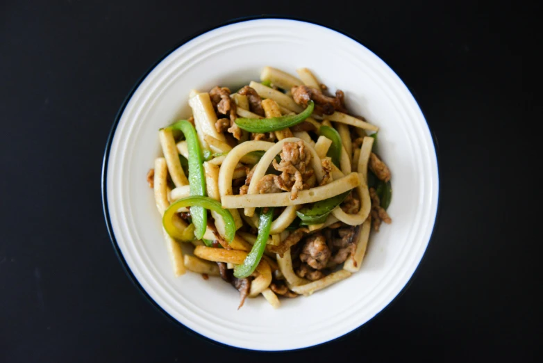 a white bowl filled with noodles and meat, pepper no. 3 5, square, 360, premium