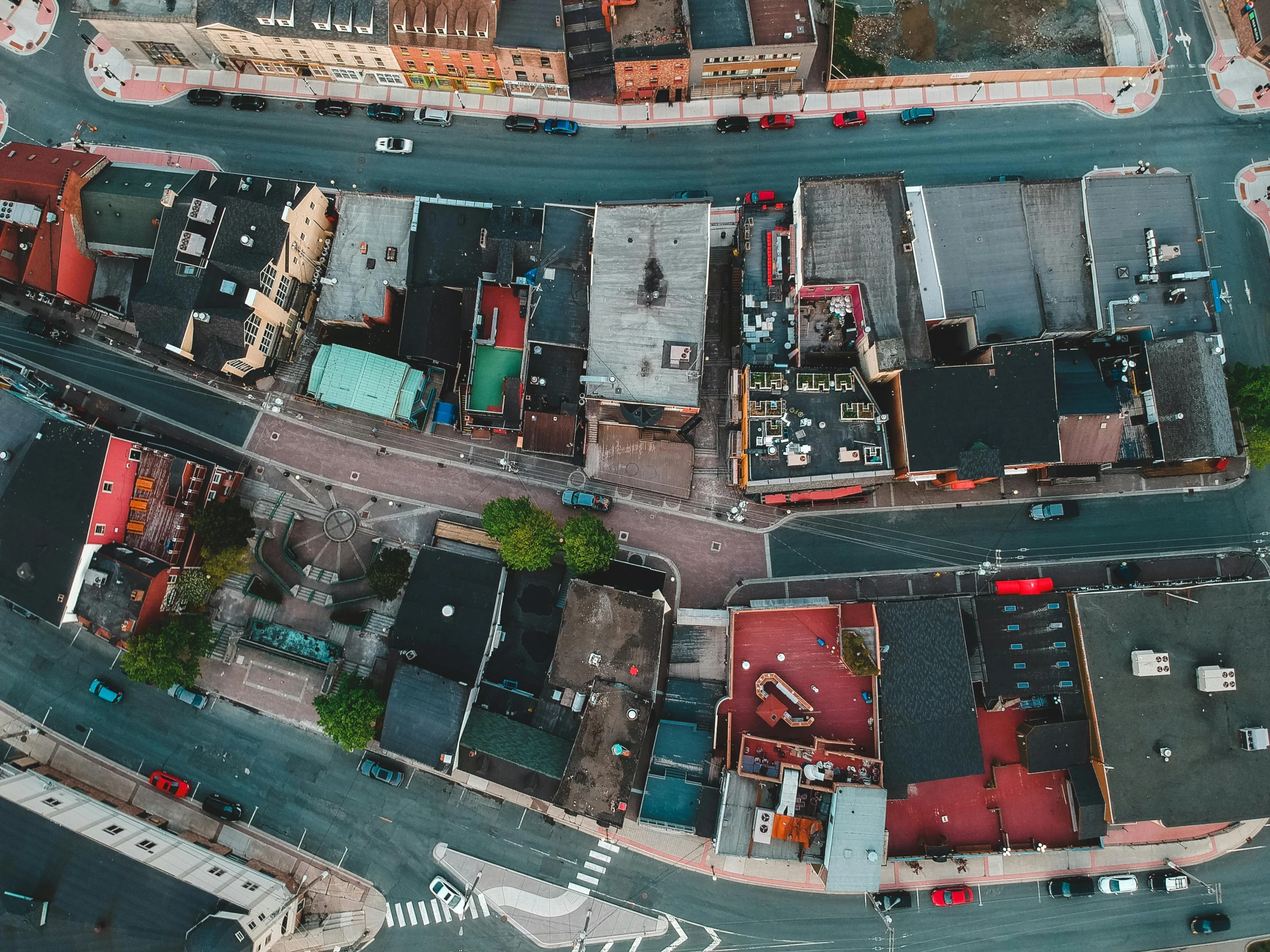 a bird's eye view of a city street, new jersey, small buildings, tilted perspective, chinatown