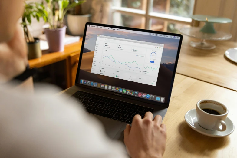 a man sitting at a table using a laptop computer, a computer rendering, pexels, 9 9 designs, charts, official screenshot, peaks