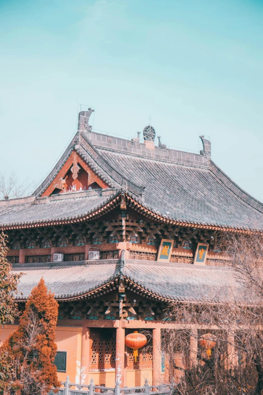 a large building sitting on top of a lush green field, a picture, inspired by Sesshū Tōyō, trending on unsplash, cloisonnism, peaked wooden roofs, winter, square, vintage photo