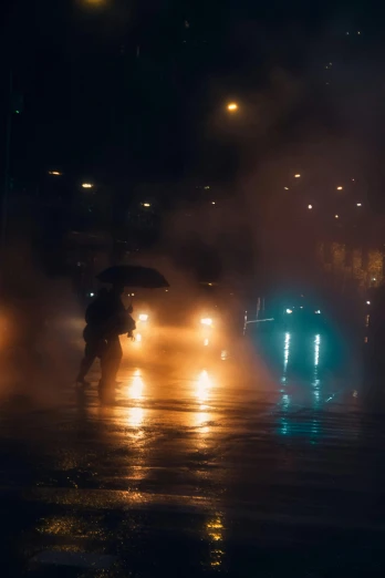 a person walking in the rain with an umbrella, :6 smoke grenades, misty neon lights, unsplash photography, police sirens in smoke