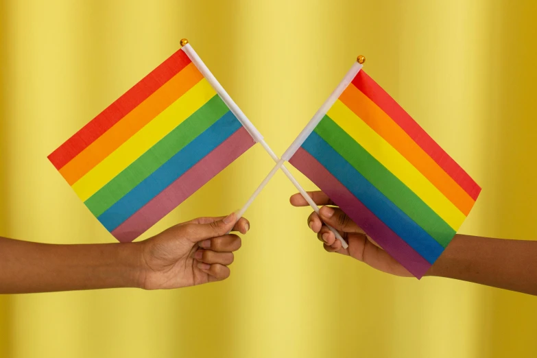 two hands holding rainbow flags against a yellow background, trending on pexels, hurufiyya, standing straight, hotel room, diverse, pikes
