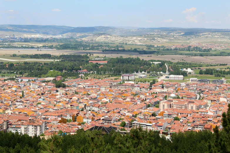 a view of a city from the top of a hill, by Juan Giménez, arrendajo in avila pinewood, profile image, square, red roofs