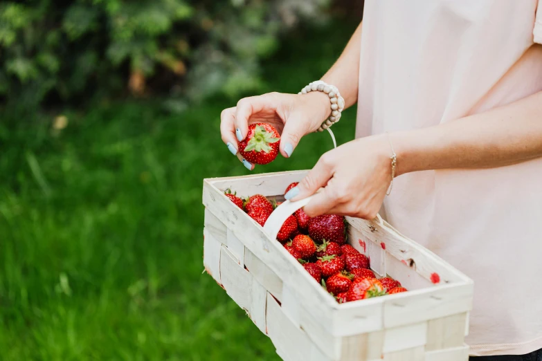 a woman holding a basket full of strawberries, by Julia Pishtar, pexels contest winner, wooden crates, romantic lead, recipe, olivia kemp