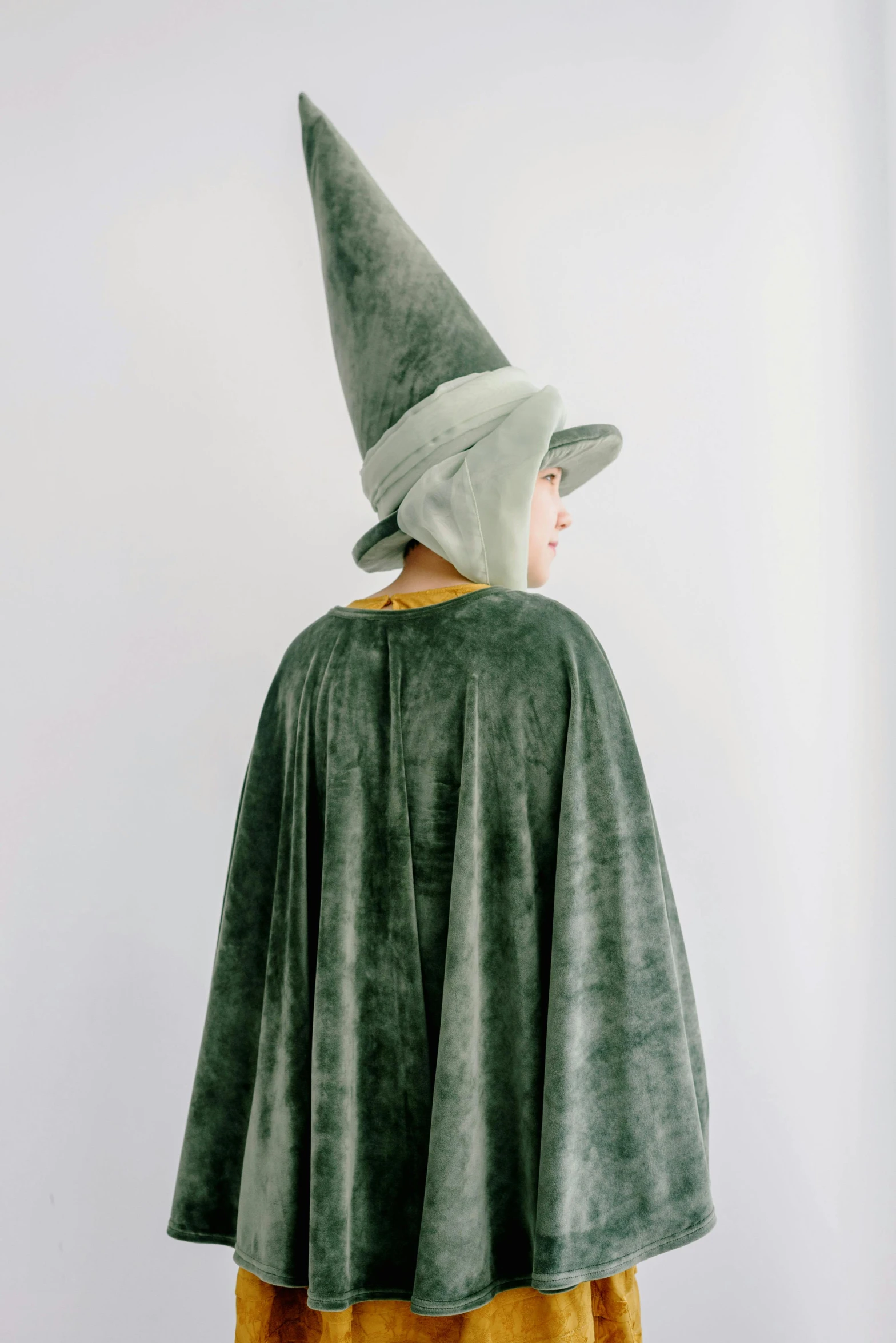 a person wearing a green and yellow costume, inspired by Limbourg brothers, unsplash, wearing a grey wizard hat, wearing a velvet cloak, with no face, ignant