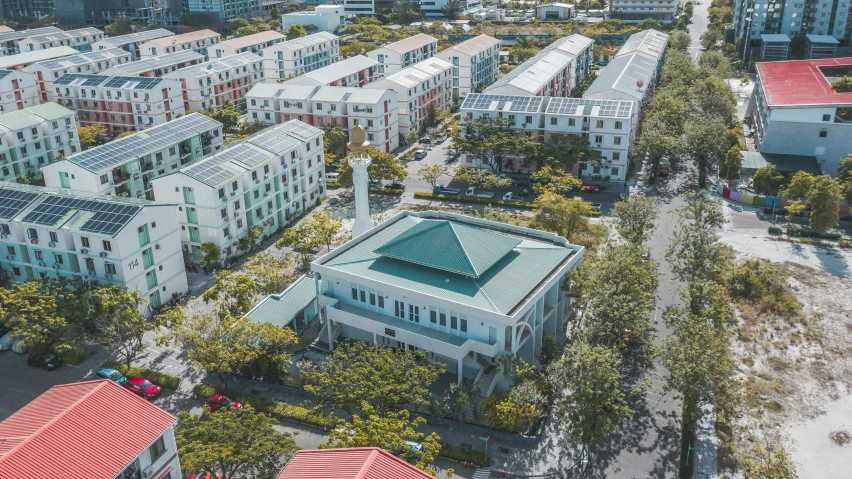 a view of a city from a bird's eye view, an album cover, unsplash, hurufiyya, school courtyard, white, yee chong, mosque