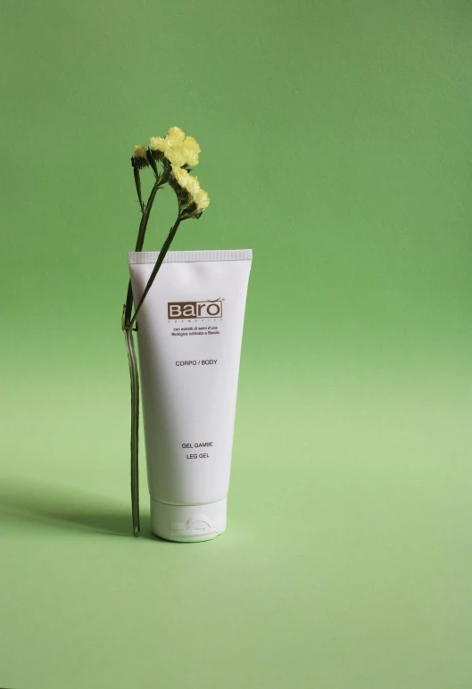 a tube of cream with a flower sticking out of it, by Barron Storey, reddit, photoshoot for skincare brand, beto val, curved body, overview