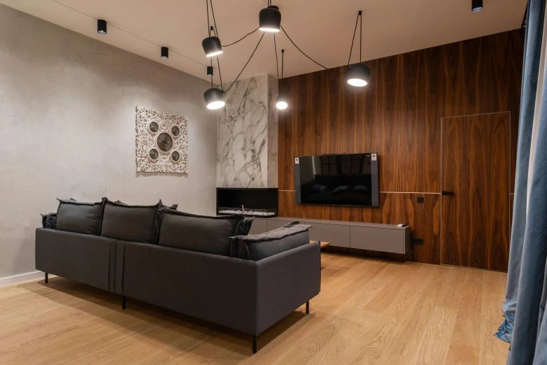 a living room filled with furniture and a flat screen tv, by Adam Marczyński, pexels contest winner, light and space, wood panel walls, multiple lights, modern minimalist f 2 0, hardwood floors