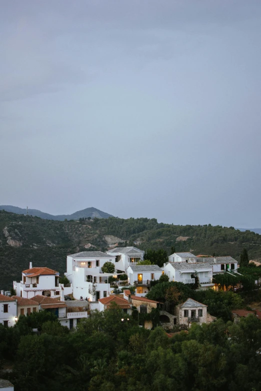 a group of houses sitting on top of a hill, inspired by Tomàs Barceló, unsplash, twilight ; wide shot, white, lush green, exterior view