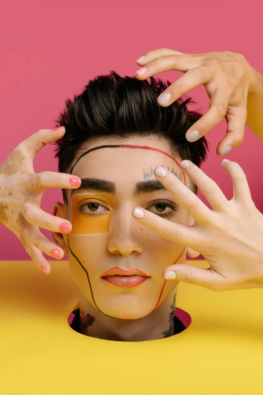 a woman covering her face with her hands, an album cover, inspired by Yanjun Cheng, trending on pexels, attractive androgynous humanoid, he wears an eyepatch, brightly colored, perfect face anatomy