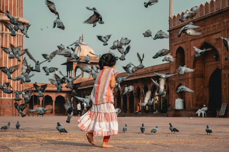 a little girl standing in front of a flock of birds, inspired by Steve McCurry, pexels contest winner, indian temple, fintan magee, palace dance, a wide open courtyard in an epic