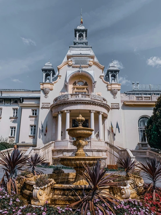 a large building with a fountain in front of it, by Kristian Kreković, pexels contest winner, art nouveau, cannes, 2 5 6 x 2 5 6 pixels, panoramic, classicism style