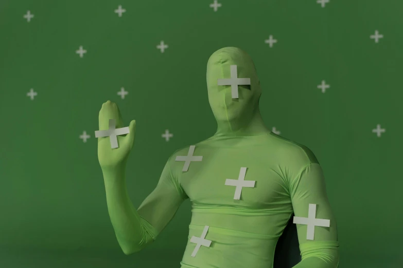 a man with cross marks on his body sitting in a chair, by Attila Meszlenyi, pexels contest winner, conceptual art, green armor, zentai suit, animation film still, bandages