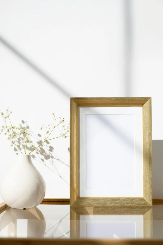 a white vase sitting on top of a table next to a picture frame, a picture, golden hour photograph, product image, portrait photo