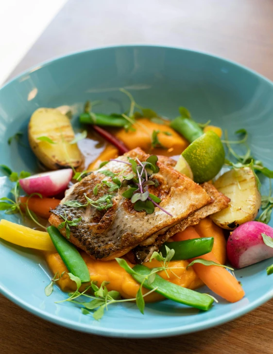 a close up of a plate of food on a table, colorful fish, thumbnail, veggies, bowl
