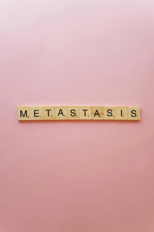 a scrabble spelling metastasis on a pink background, aestheticism, the mekaverse, metalic, shit, lisa