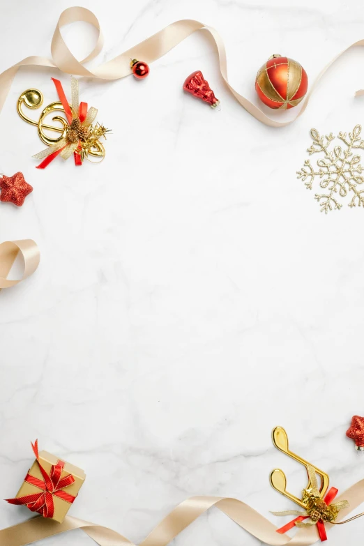 christmas decorations arranged in a circle on a marble surface, an album cover, pexels, golden ribbons, thumbnail, snowflakes, q