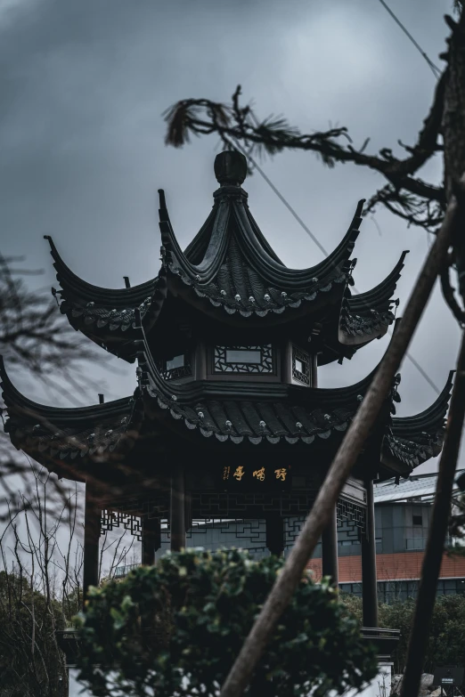 a pagoda sitting on top of a lush green field, an album cover, inspired by An Zhengwen, pexels contest winner, modernism, dark overcast weather, ✨🕌🌙, hiding in the rooftops, shanghai