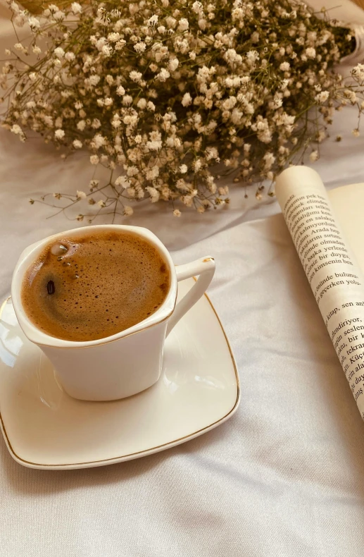 a cup of coffee and a book on a table, by Lucia Peka, romanticism, brown flowers, photograph taken in 2 0 2 0, small, greek