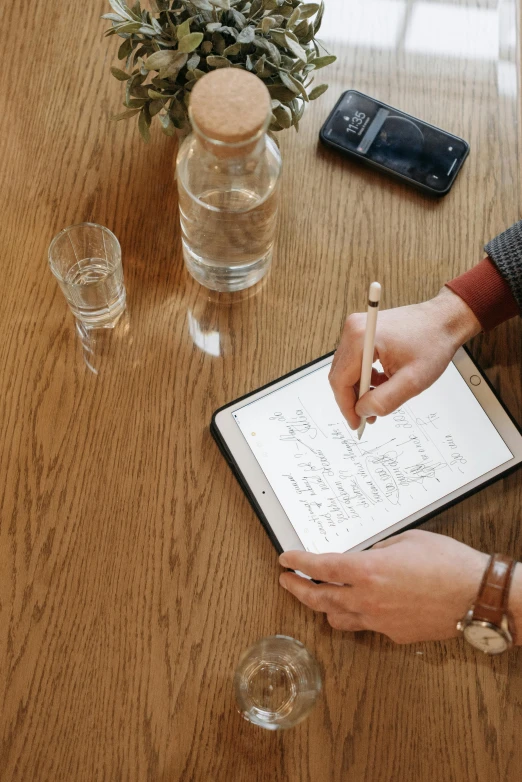 a woman sitting at a table writing on a notepad, a digital rendering, by Carey Morris, pexels, renaissance, took on ipad, drinking, dwell, a wooden