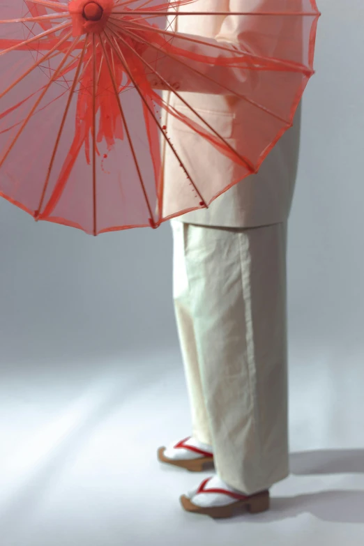 a close up of a person holding a red umbrella, inspired by Koson Ohara, section model, detailed legs, wearing translucent sheet, porcelain japanese mannequins