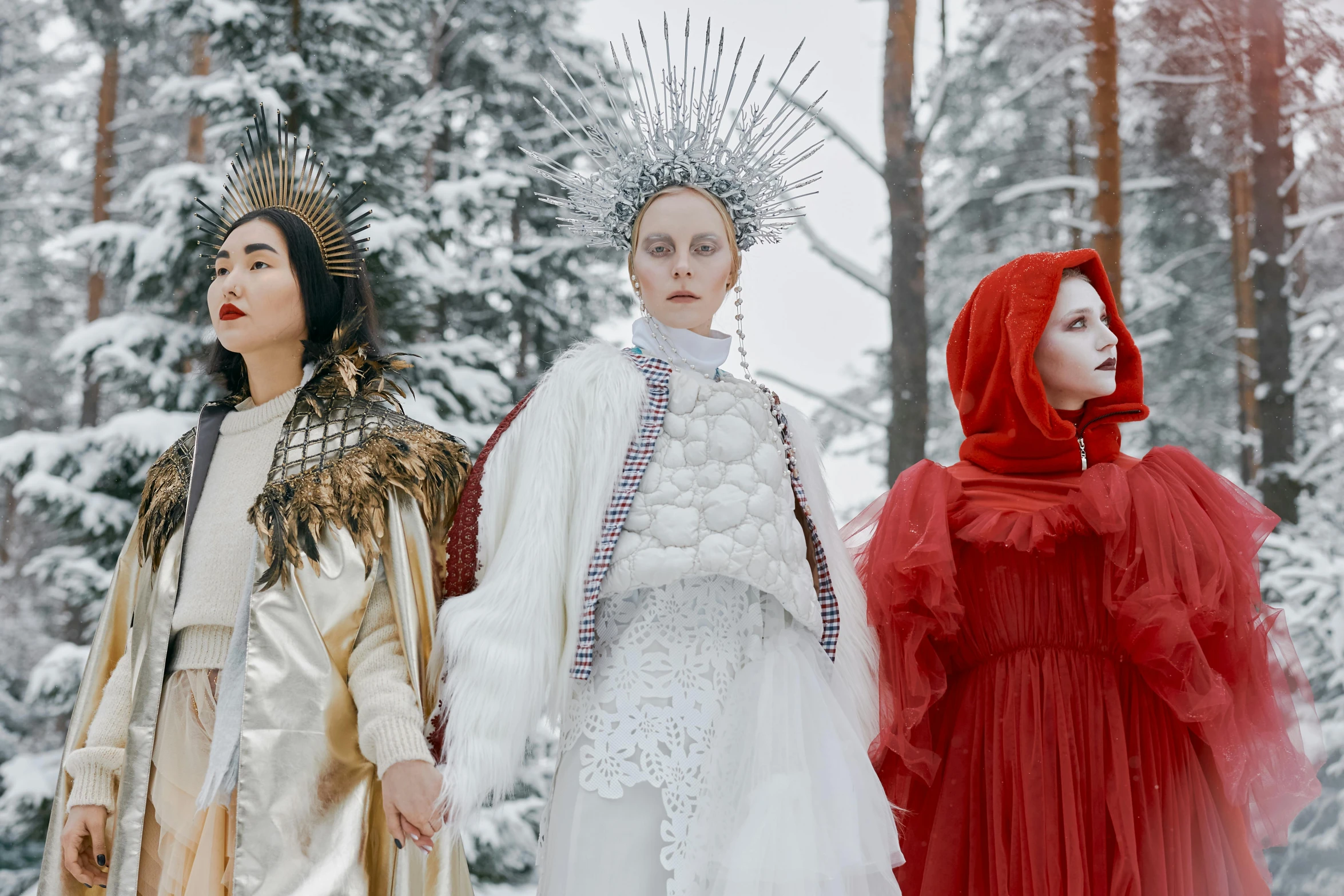 a group of women standing next to each other in a snow covered forest, inspired by Louisa Matthíasdóttir, international gothic, silver white red details, wearing crown of bright feathers, cosmic bjork, costume design made with love