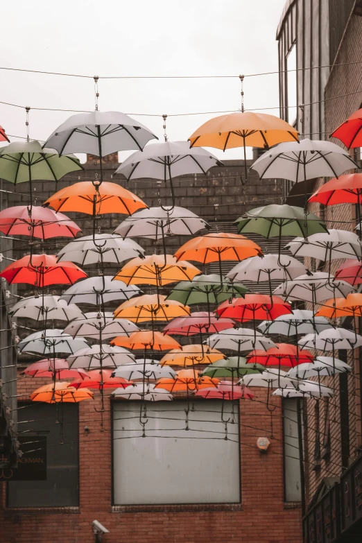 a bunch of umbrellas hanging from the side of a building